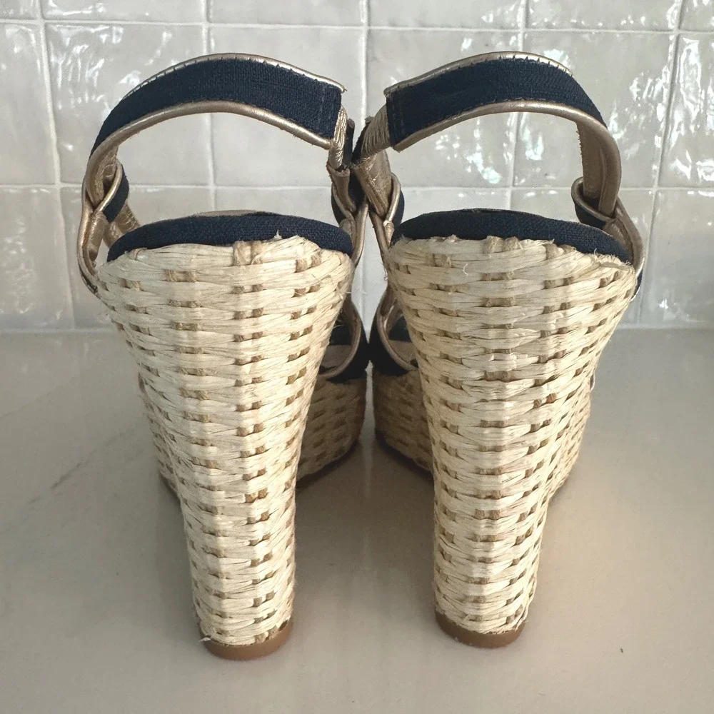 Lilly Pulitzer Ashley Wedge Sandal Women 9 Navy Gold Espadrille Platform Canvas